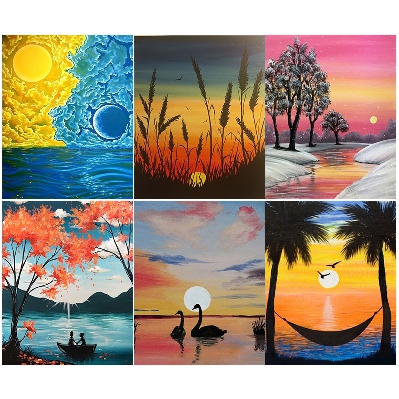 Bộ tranh đính đá 5D họa tiết hoàng hôn trên bãi biển độc đáo kích thước 30x40cm DIY dùng trang trí