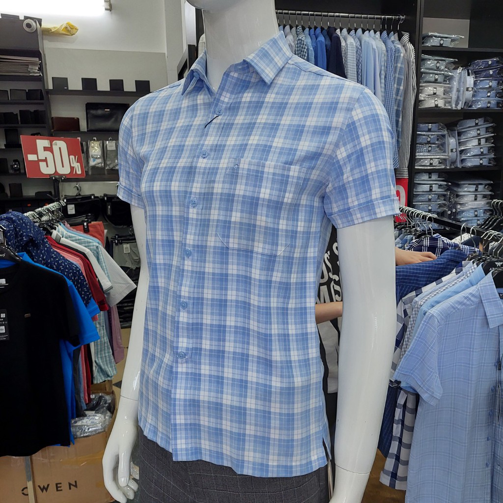 Áo Sơ Mi Nam Ngắn Tay Owen BA22713NT Somi Cộc Tay Công Sở Cao Cấp Xanh Nhạt Kẻ Caro To Chất Cafe Dáng Body Fit Tà Bằng | BigBuy360 - bigbuy360.vn
