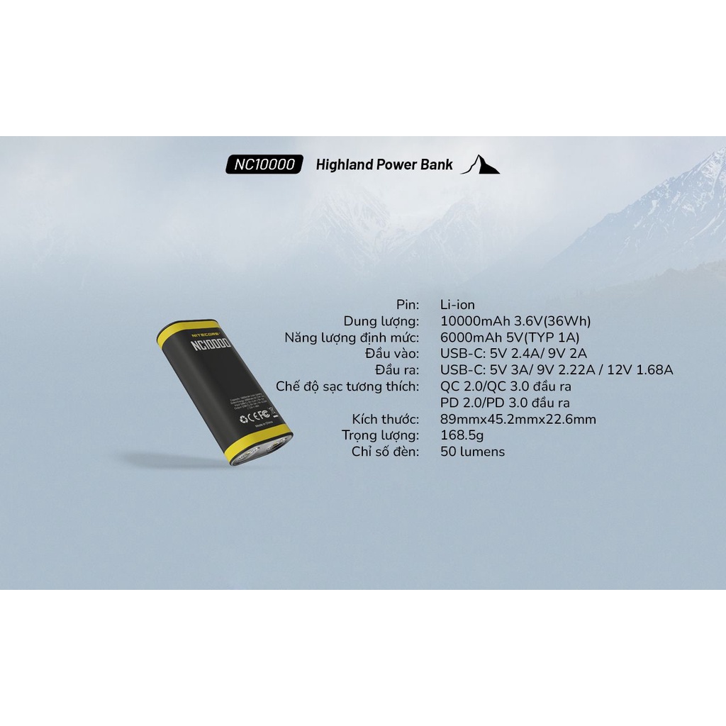 Sạc dự phòng kết hợp đèn LED Nitecore NC10000 Outdoor Compact Power Bank
