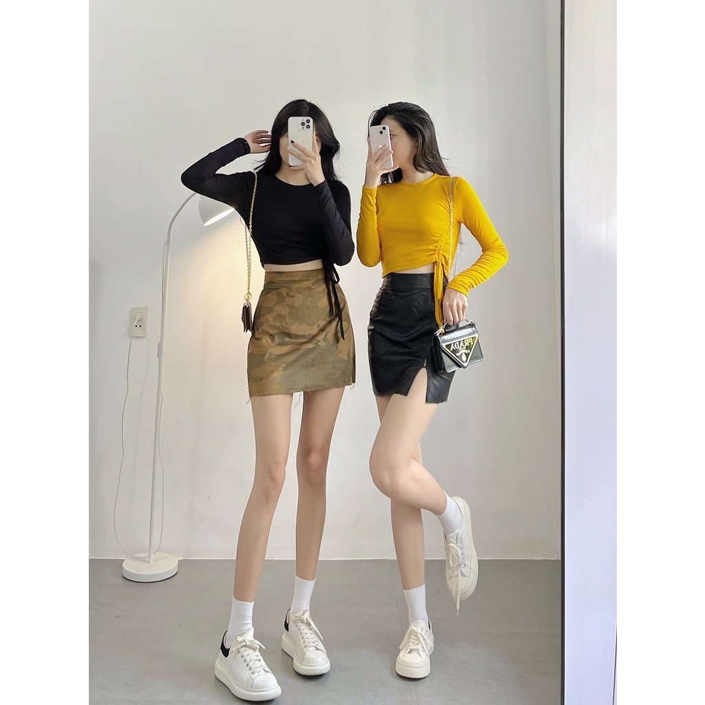 Áo croptop nữ tay dài HHVINTAGE kiểu rút hông thun co giãn Top A86