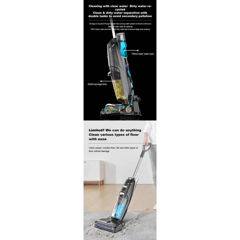 Máy hút bụi cầm tay không dây 2-trong-1 vừa hút vừa lau, tự giặt giẻ lau LIECTROUX i5 PRO