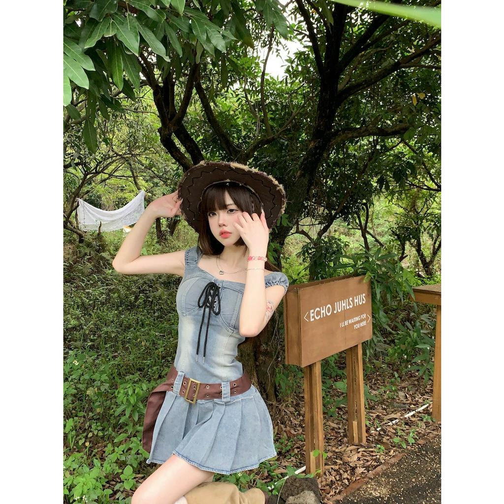 qkoole  Đầm denim Hai Dây Ôm Dáng Phong Cách Hàn Quốc Cổ Điển Dành Cho Nữ