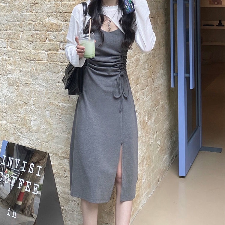 Set Áo Sơ Mi Chống Nắng Hai Dây Và Chân Váy Lưng Cao Thiết Kế Dây Rút Thời Trang Mùa Thu Mới Cho Nữ