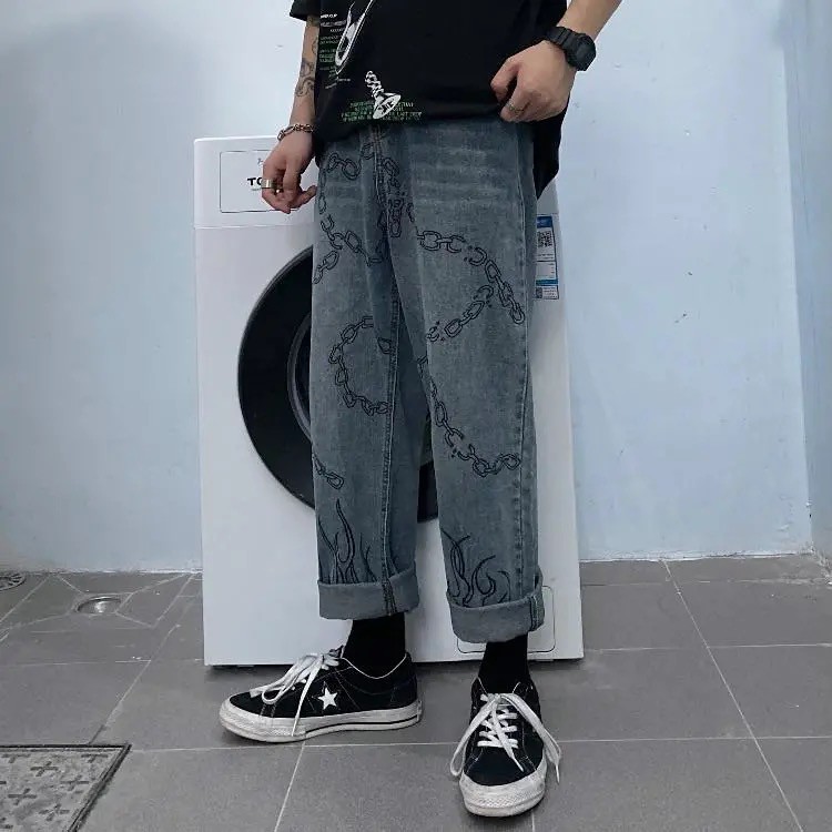 Quần jean ống rộng unisex họa tiết xích và lửa | BigBuy360 - bigbuy360.vn