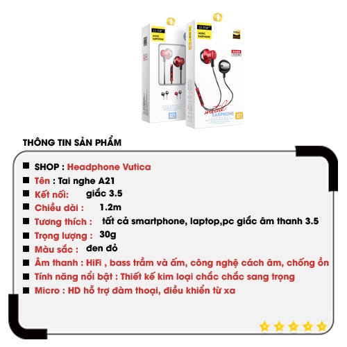 Tai nghe nhét tai có mic A21 kim loại cao cấp