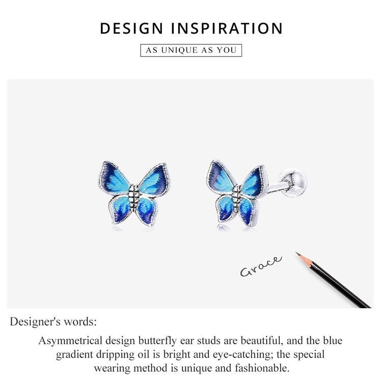 Đôi bông tai Bamoer Sce1285 bằng bạc 925 hình bướm đính đá màu xanh dương thời trang cho nữ