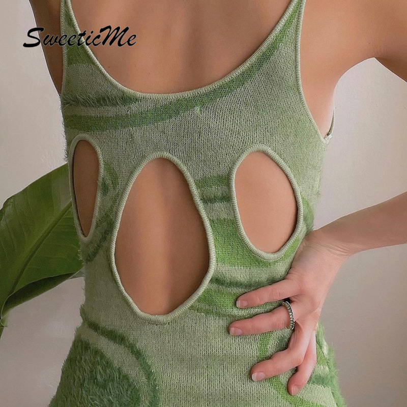 Women's 2021 Sexy Halter Hollow Swirl Wool Contrast Backless Slim Sling Dress | BigBuy360 - bigbuy360.vn