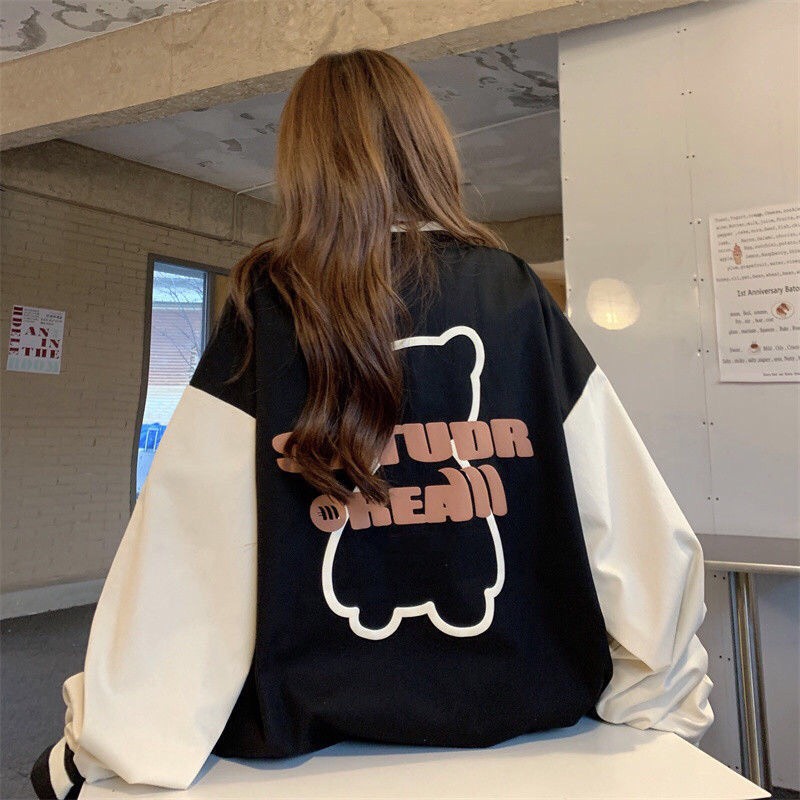 Áo bomber nỉ tay dài viền đen trắng họa tiết gấu form rộng màu đen thời trang unisex 1sizeshop | BigBuy360 - bigbuy360.vn