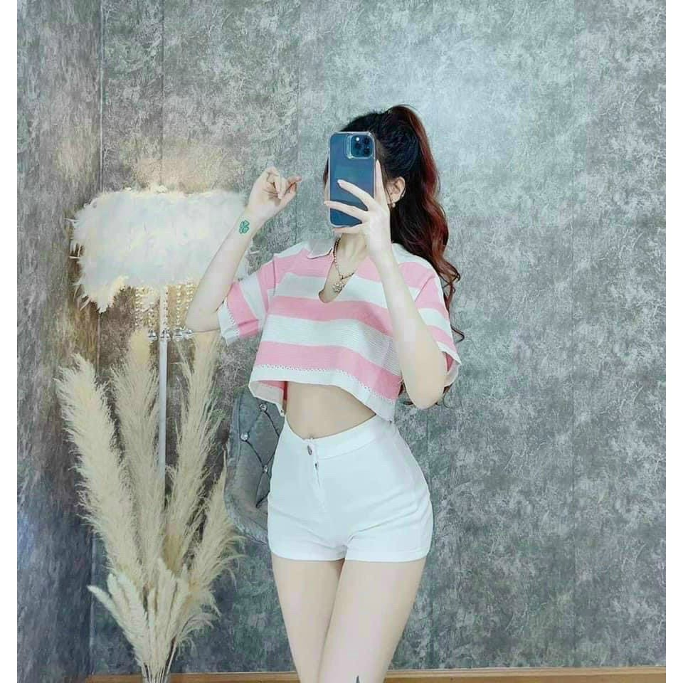 Áo kiểu croptop cổ bẻ sọc ngang cực hot , chất thun coton mềm mịn