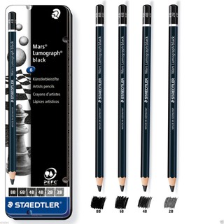 Bộ 6 Bút Chì Than, phác thảo Staedtler Đức Mars Lumograph Black Cao Cấp 100B Hộp Thiếc - 100BG6