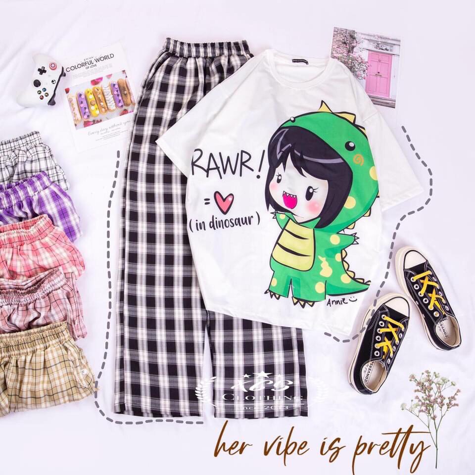 Set Đồ Bộ Nữ Quần Caro Kate Ống Rộng NHIỀU MẪU 01 * Đồ Bộ Hoạt Hình Freesize S.I.Z Fashion | BigBuy360 - bigbuy360.vn