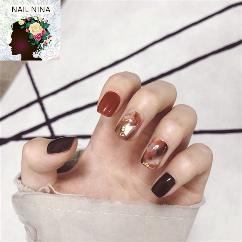 Bộ 24 móng tay giả Nail Nina trang trí Orande coffee mã PD-11【Tặng kèm dụng cụ lắp】