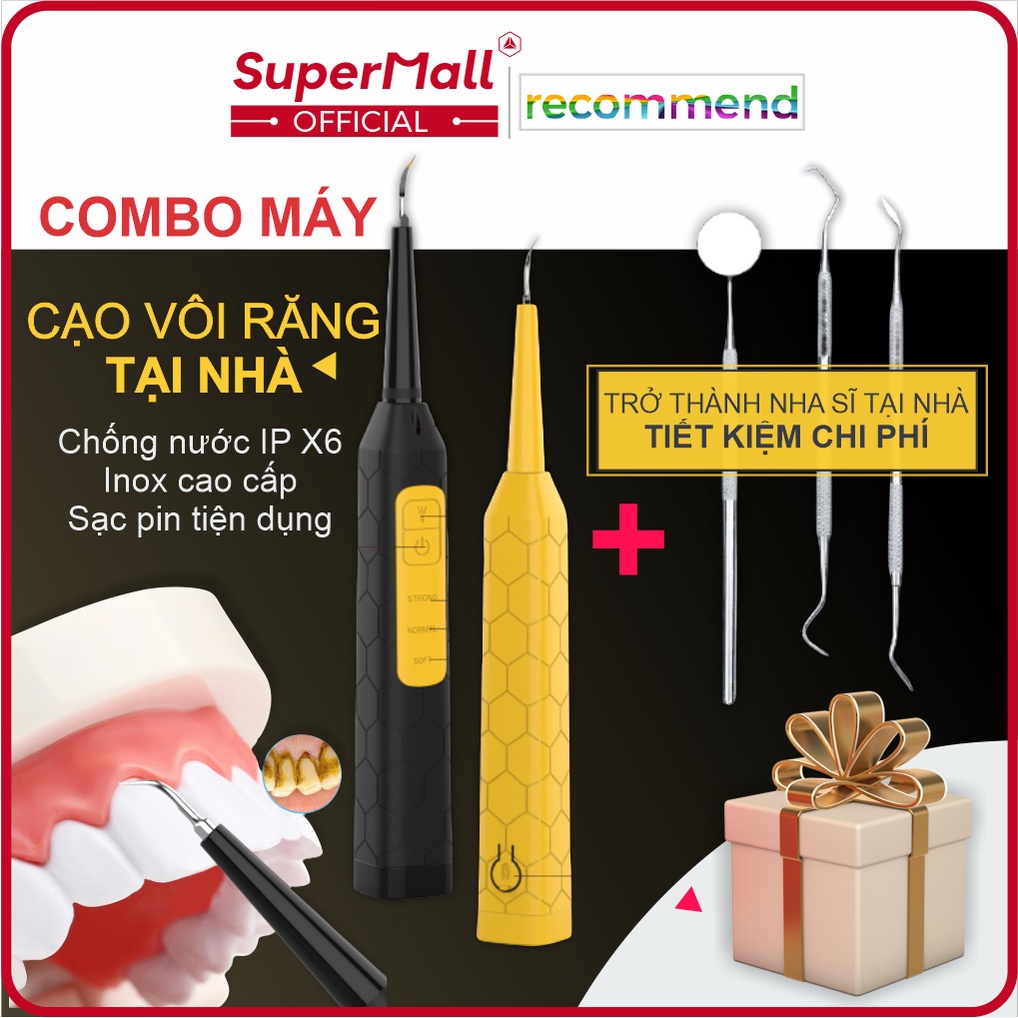 COMBO Máy cạo vôi răng cầm tay siêu âm tiện lợi 20.000 hz, sử dụng tại nhà, chống nước IPX6, pin sạc