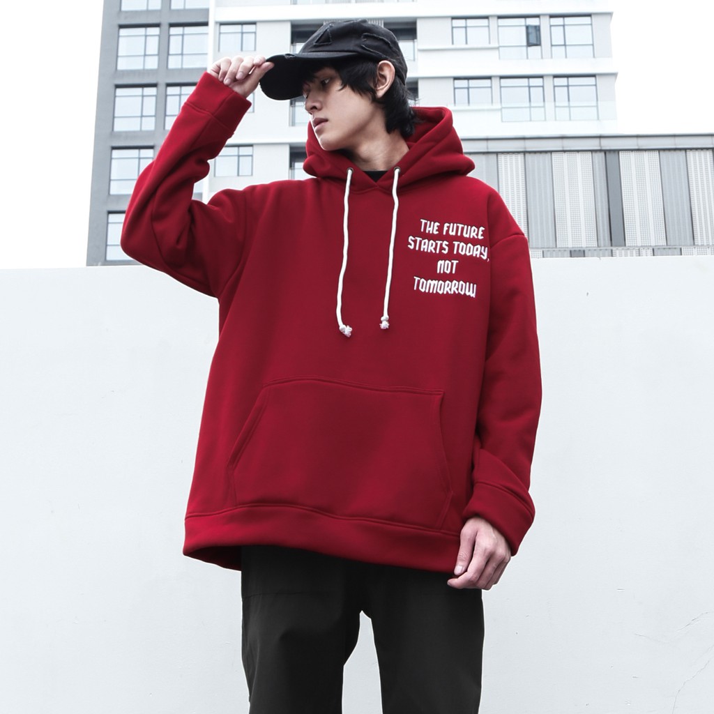 Áo Hoodie Unisex Thêu Trái Đất-Phía Trước Thêu Chữ-Đường Thêu Tỉ Mỉ-Vải Nỉ Bông Dày Dặn-Form Rộng-Màu Đỏ Tươi