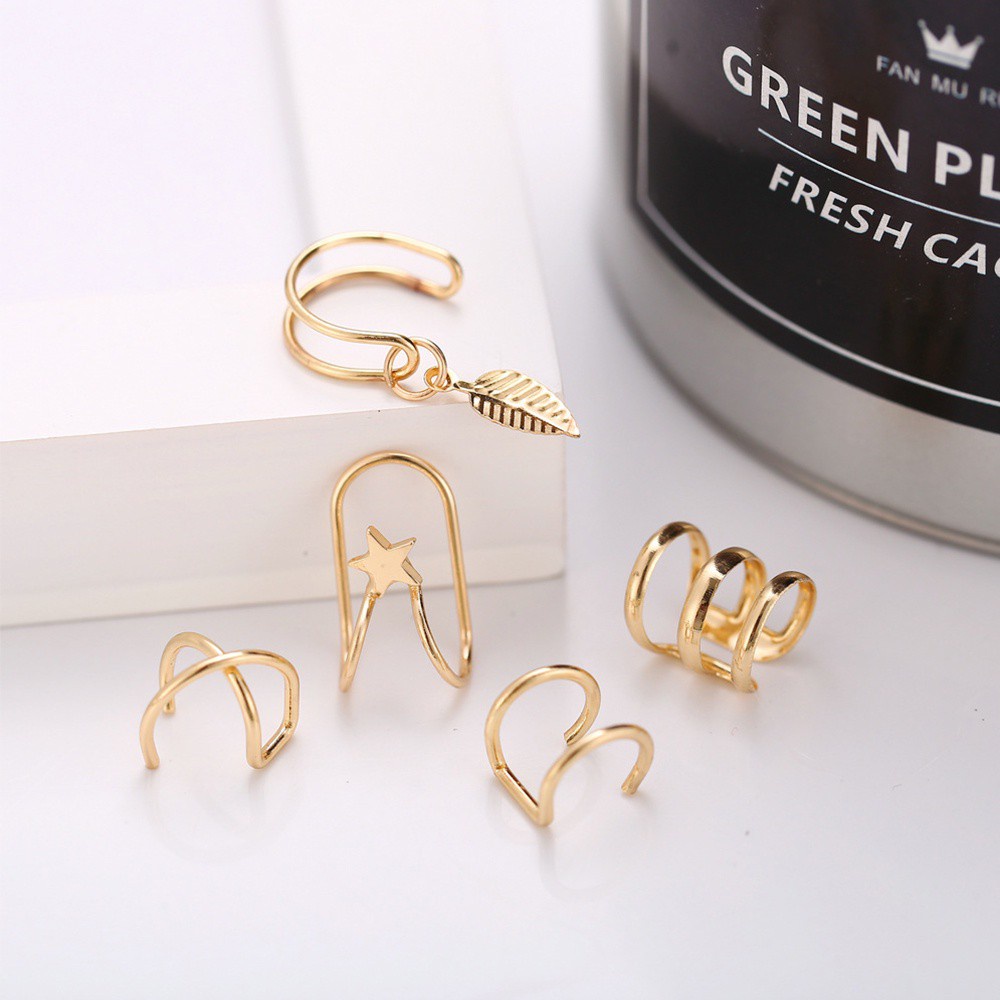 Bộ 5 khuyên kẹp vành tai hình chiếc lá nhiều màu sắc thời trang tùy chọn cho nam nữ