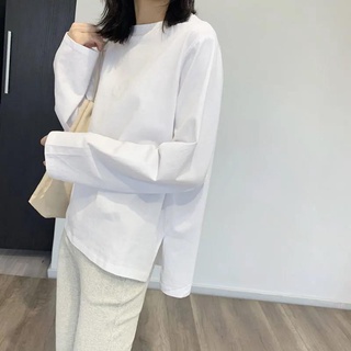 Áo thun cotton tay dài màu trắng trơn xẻ tà bên hông plus size thời trang thu đông cho nữ