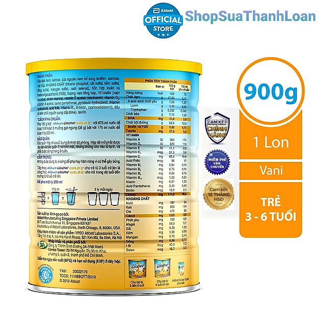 [HSD T3-2023] Sữa Bột Abbott Grow Gold 3+ 900g (cho bé 3-6 tuổi)