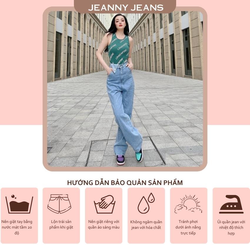 Quần bò ống rộng JEAANY JEAN cạp cao không co giãn quần jean baggy nữ màu xanh nhạt 5033