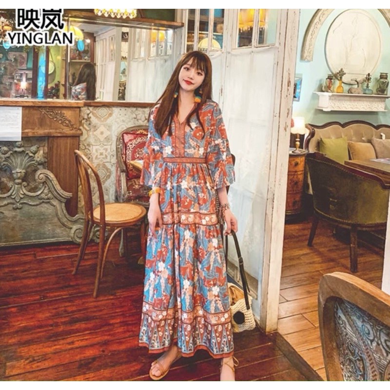 🍃🍃Đầm Maxi thổ cẩm dáng dài tay dài cổ V [TH02100]