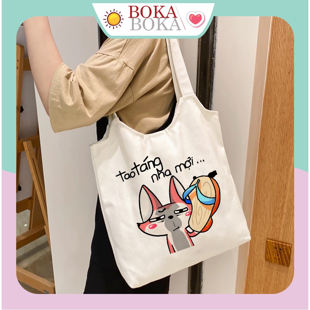 Túi Tote Canvas Quai Tròn Mèo Hiro Có Khóa Miệng Túi phong cách nữ tính và dễ thương, túi vải canvas