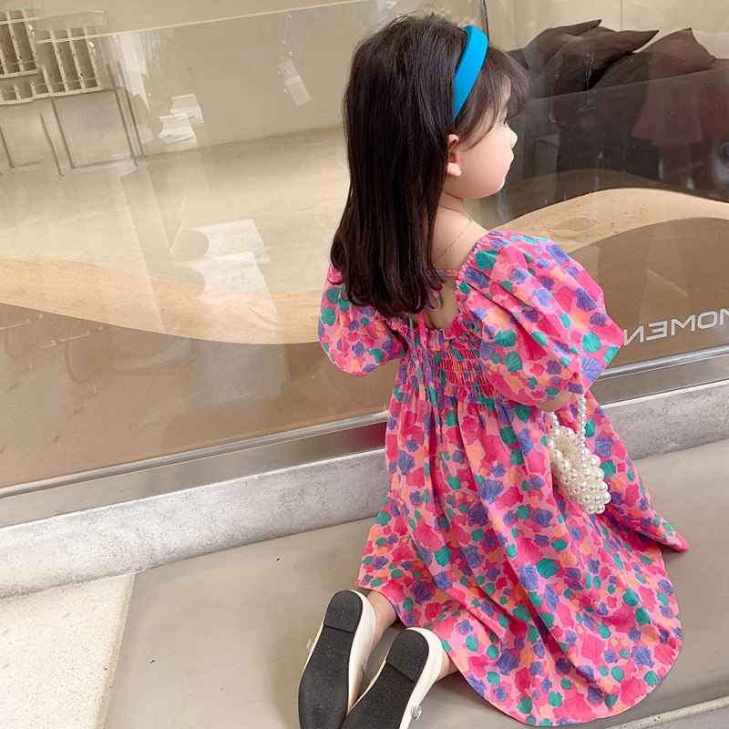 Đầm Công Chúa Tay Phồng Hở Lưng Cổ Vuông In Họa Tiết Hoa Phong Cách Hàn Quốc Dành Cho Bé Gái