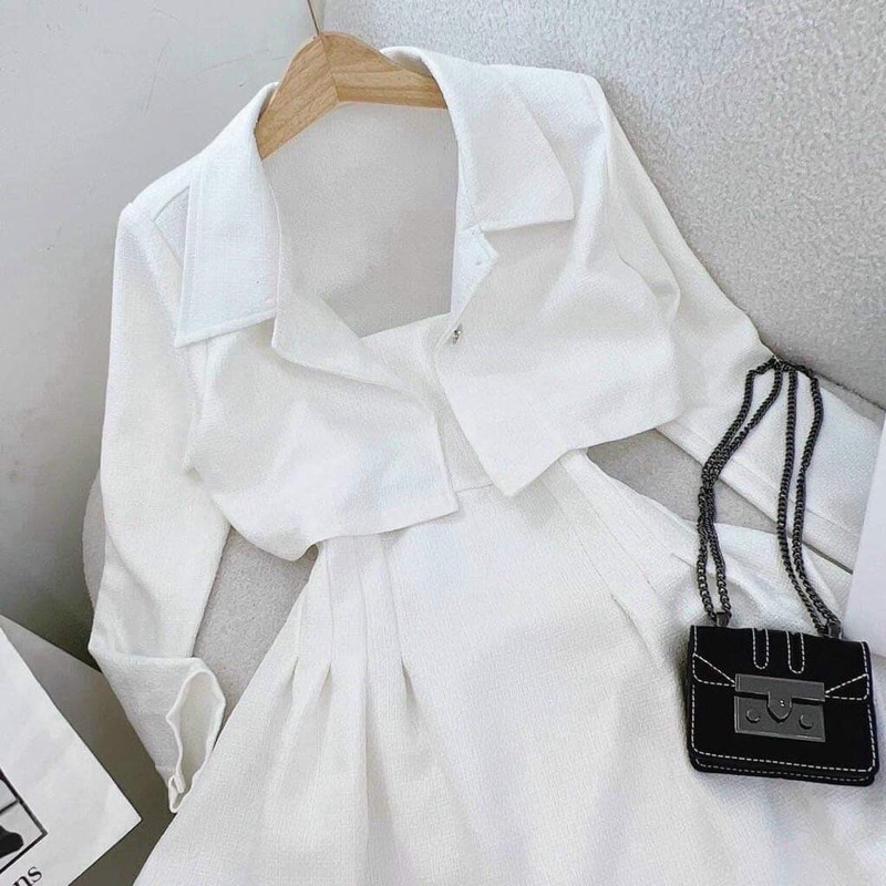 [ 𝐅𝐑𝐄𝐄 𝐒𝐇𝐈𝐏 ] SET ĐẦM CHIẾT EO TRẮNG MIX KHOÁC CROPTOP CÀI NÚT