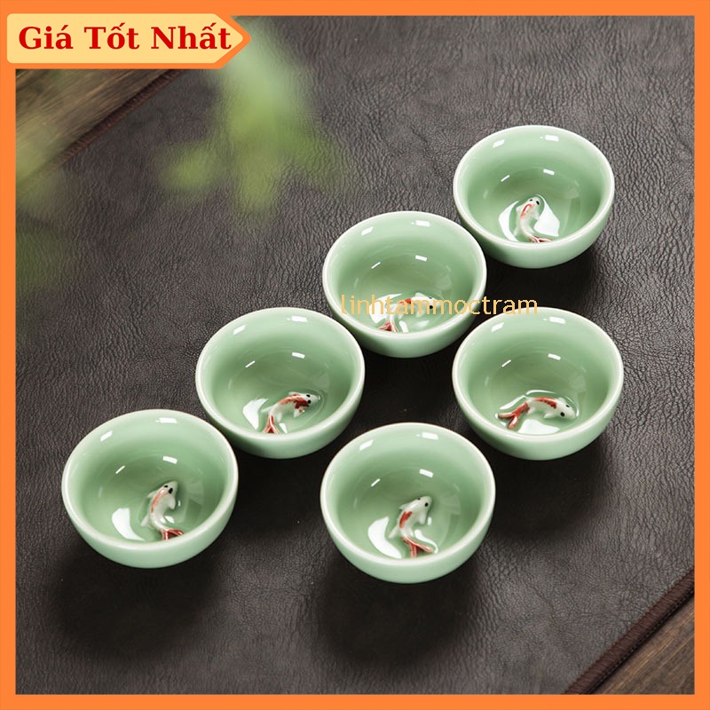 Chén cá chép uống trà men ngọc họa tiết in nổi 3D