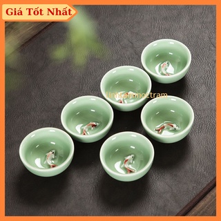 Chén cá chép uống trà men ngọc họa tiết in nổi 3D