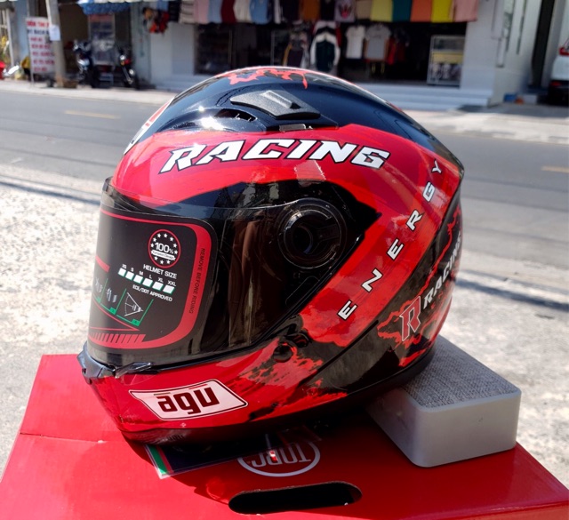 Mũ bảo hiểm fullface AGU tem Racing Đỏ ( Gắn sừng và ĐUÔI GIÓ) + TẶNG TÚI ĐỰNG( bảo hành chính hãng 12 tháng)