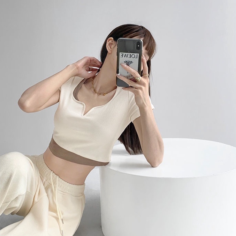 Áo Thun Ngắn Tay Giả Hai Lớp Phong Cách Đường Phố Cho Nữ