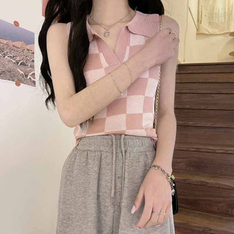 Áo Croptop Dệt Kim Không Tay Cổ Chữ V Họa Tiết Ca Rô Vintage Cho Nữ