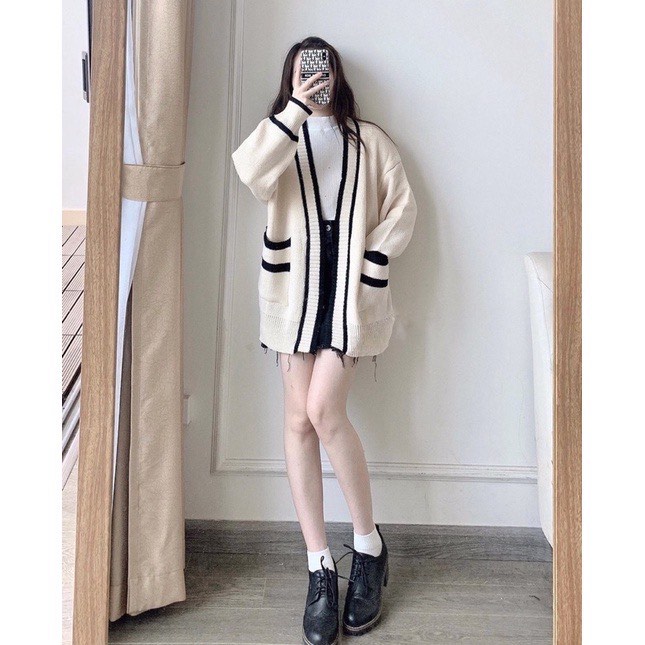 Áo Cardigan Len Nữ Dày Sọc Đen Trắng Có Túi, Cadigan Kẻ Kim Cương Ulzzang Hàn Quốc, Labibi