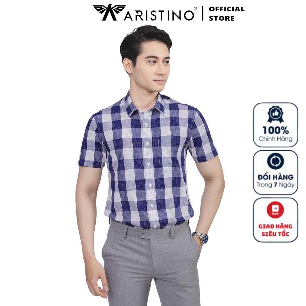 Áo Sơ Mi Nam Ngắn Tay ARISTINO ASS251S2 Somi Công Sở Cao Cấp Màu Trắng Kẻ Xanh Tím Than Vải Sợi Sồi Dáng Suông Tà Bằng