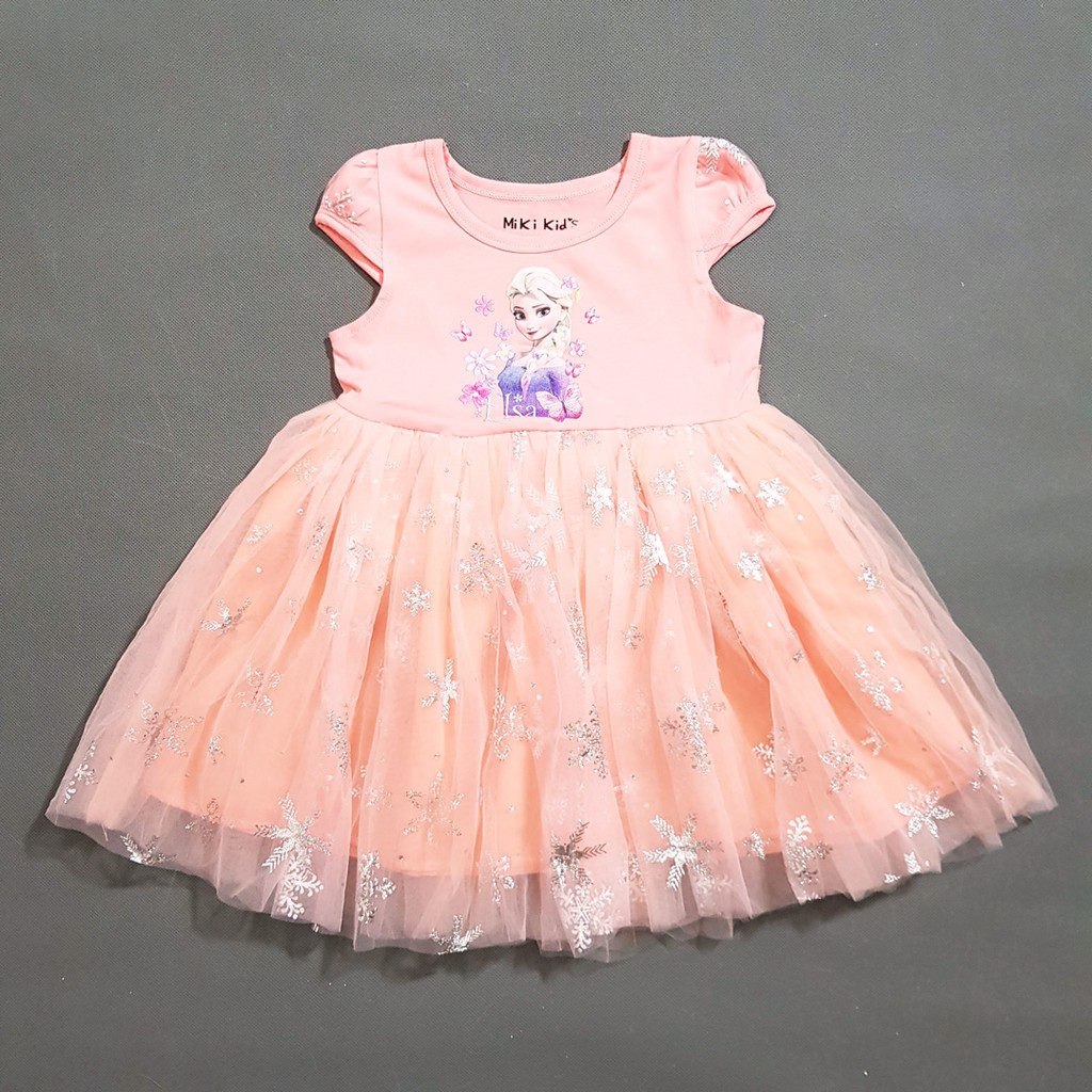 Đầm thun chân voan công chúa elsa hồng dâu ngọt ngào bé gái