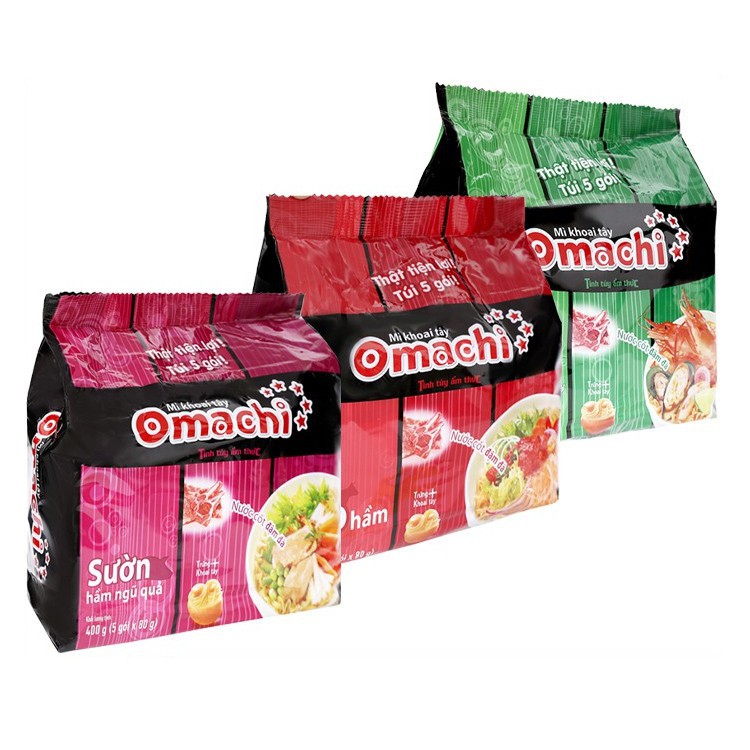 Lốc 5 gói mì khoai tây Omachi 80g (đủ 3 vị best seller - bò hầm, tôm 5 sao, sườn ngũ quả)