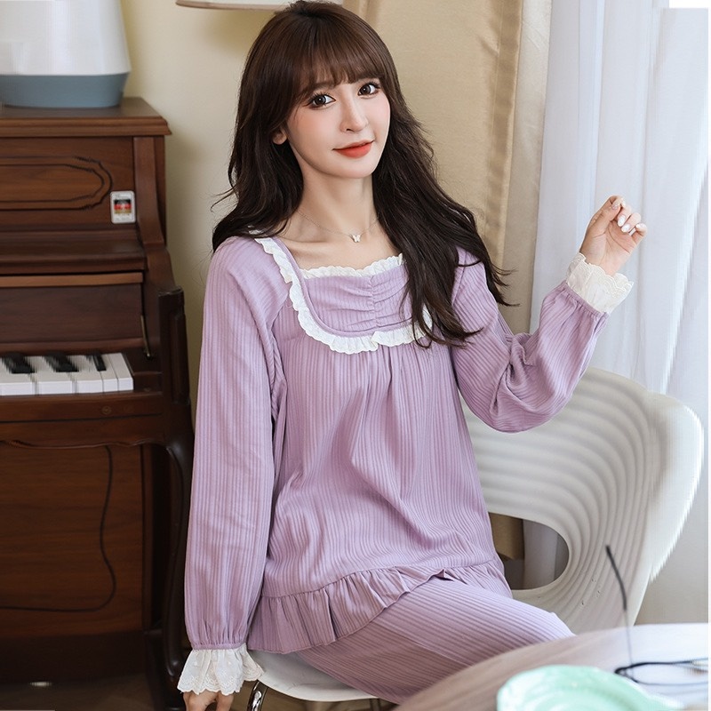 Đồ bộ ngủ nữ dài tay cute kèm bèo chất cotton quảng châu | BigBuy360 - bigbuy360.vn