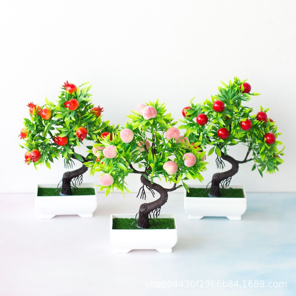 Cây Giả - Chậu Cây Lựu Đào Quất CherryBonsai để bàn-Cây trang trí nhà cửa văn phòng quán cafe