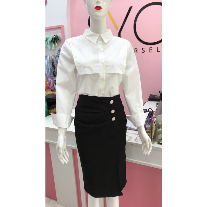SYO-ÁO SƠ MI TRẮNG CỔ REN, CẦU NGỰC XẾP LY, NẸP BONG - TRẮNG A1027-21