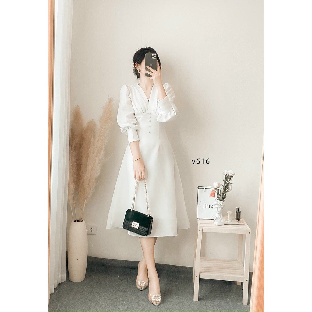 Đầm Nữ Trắng Nút Bọc Cổ V Sang Trọng -  Váy Nữ Thiết Kế Tay Bồng Dài Hiện Đại, Thanh Lịch- Chất Vải Đẹp, Thoáng Mát | BigBuy360 - bigbuy360.vn