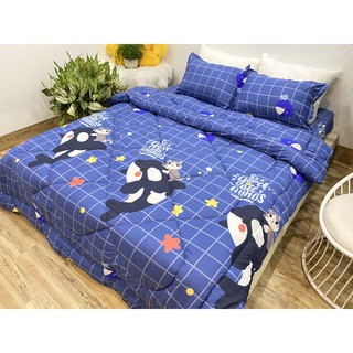 [Free ship-Thanh lý]Bộ chăn phao ga gối 4 món,gồm 1 chăn 1 ga 2 vỏ gối nằm.cá heo karo