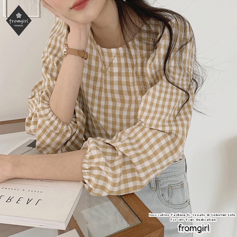 Áo Sơ Mi Tay Ngắn Phồng Cổ Chữ V Họa Tiết Kẻ Sọc Phong Cách retro Pháp Thời Trang Cho Nữ