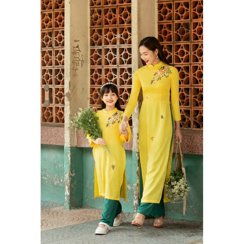 Sét áo dài mẹ bé LIIN - Áo dài cách tân cao cấp màu vàng đẹp sang chảnh hàng thiết kế đẹp mềm mại