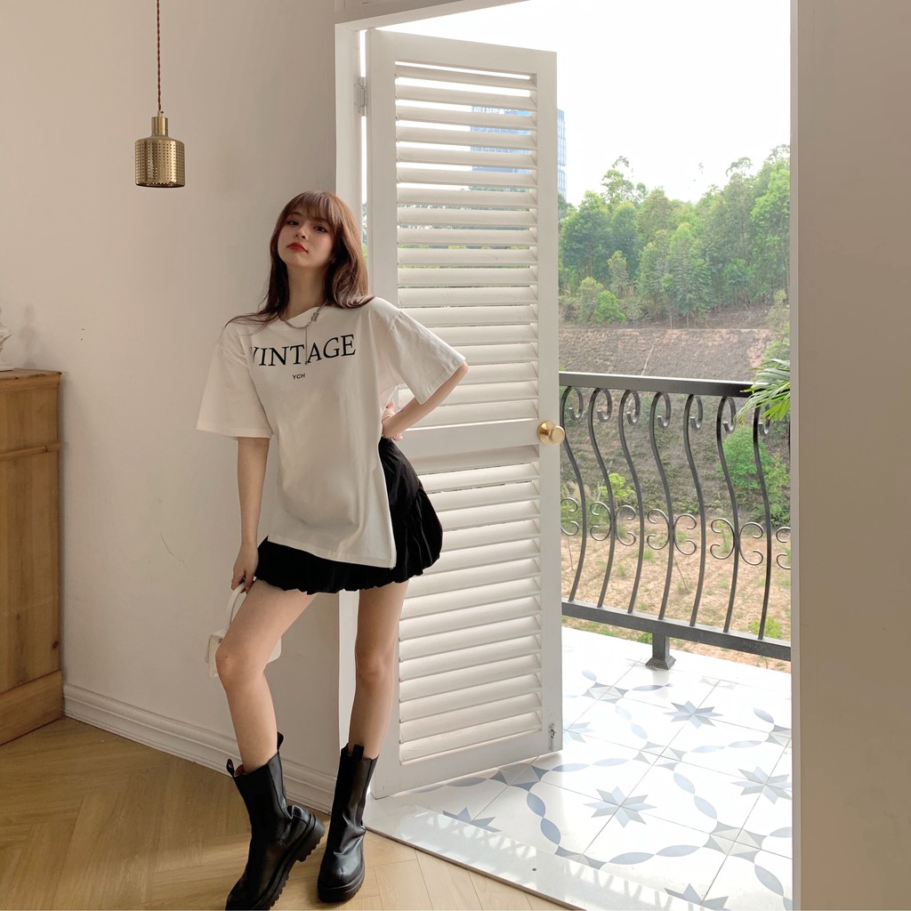 Jane's Áo thun Hàn Quốc xẻ tà + chân váy baby Korea