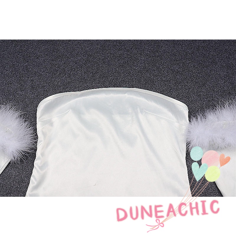 DUNEA Đầm trễ vai tay dài phối lông vũ thời trang quyến rũ cho nữ