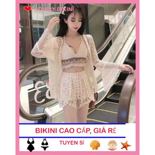 Set Bikini Đi Biển Đồ Bơi Nữ siêu hot đồ mùa hè   3 món gồm choàng đan lưới  ren tay loe-bra-quần đan hoa