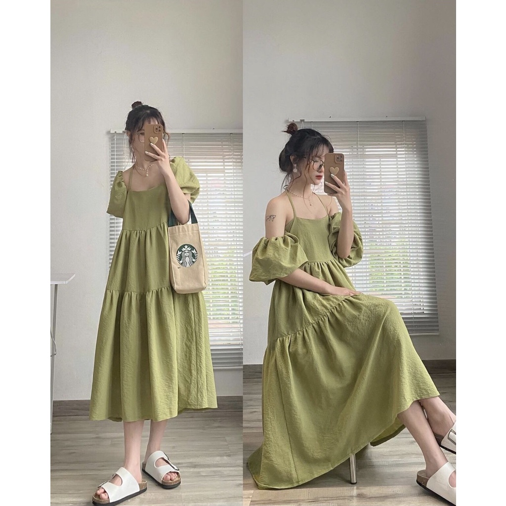 [Sẵn] Đầm - Váy 2 dây babydoll  3 tầng chất đũi xốp (tặng kèm tay rời mặc nhiều kiểu)