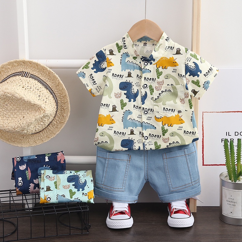 Bộ đồ áo sơ mi quần jean họa tiết KHỦNG LONG phong cách Hàn Quốc cho bé trai QATE32