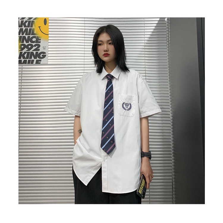 Áo Sơ Mi Trắng Dài Tay Phối Cà Vạt Thêu Họa Tiết Phong Cách Học Sinh