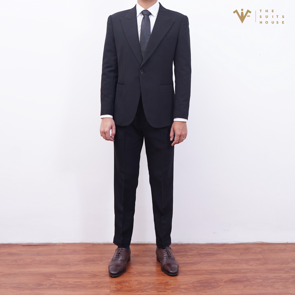 Bộ vest nam đen 1 khuy áo suits blazer quần âu crop gấu, form ôm, satorial, vải WOOL - The Suits House