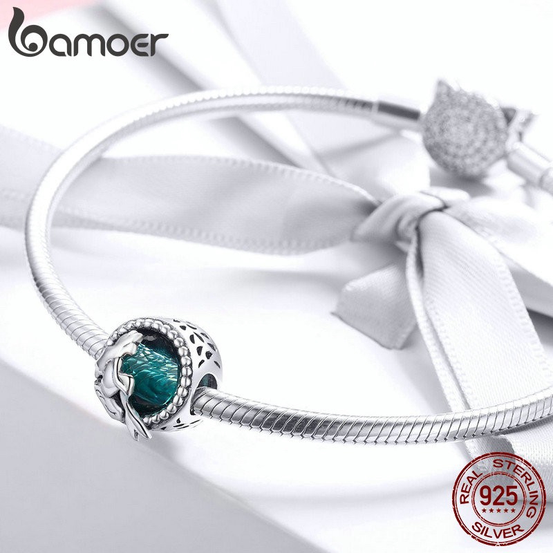 Hạt cườm Bamoer bằng bạc 925 mặt hình người cá trang trí vòng tay/dây chuyền thời trang